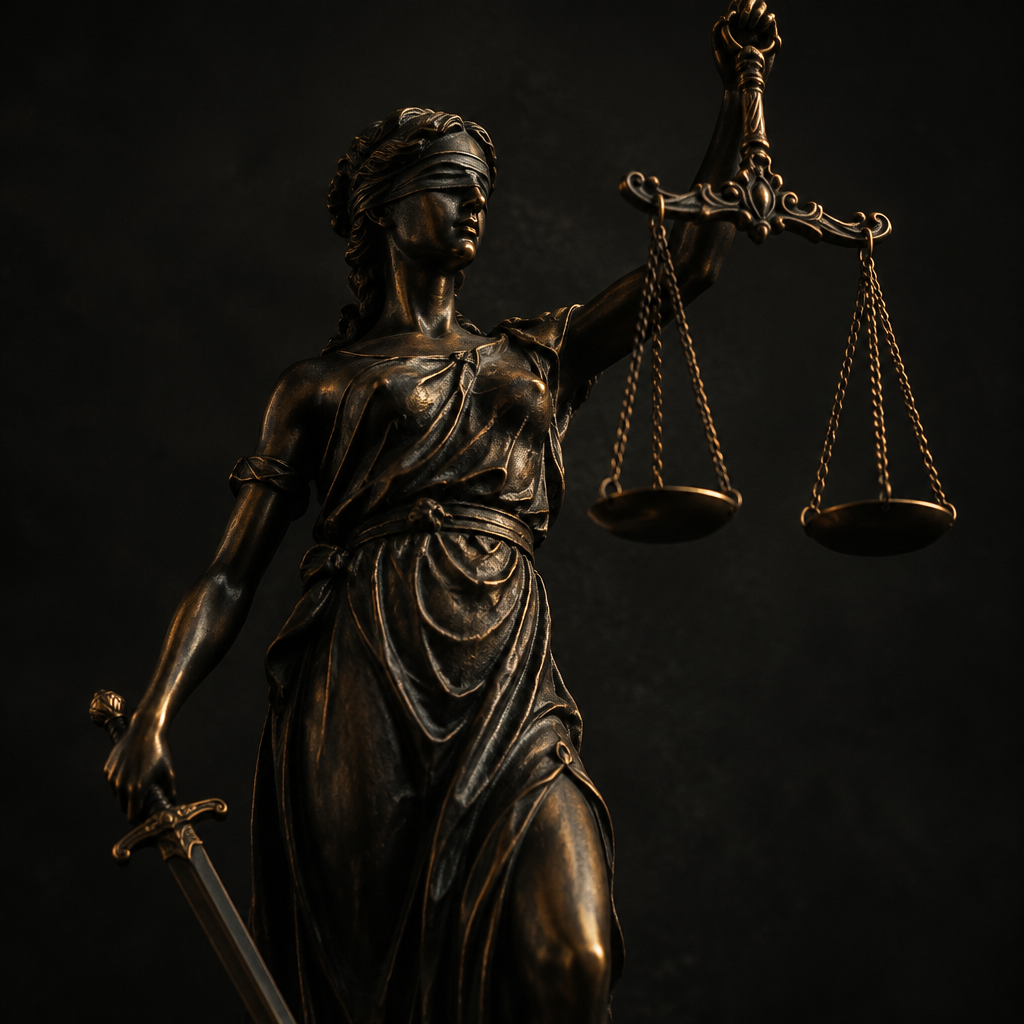 Justitia-staty med vågskål och svärd